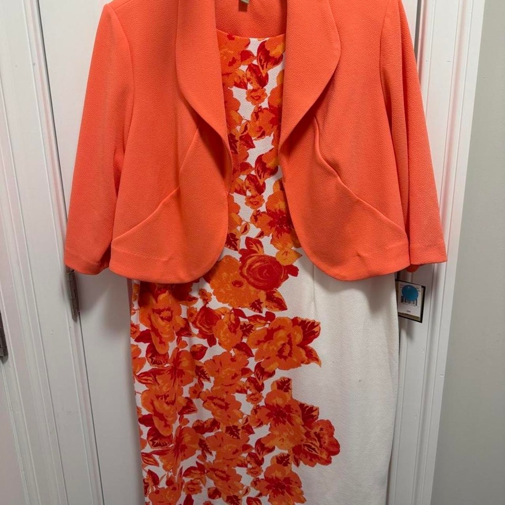 Maya Brooke Floral Midi Dress & Bolero Jacket Set Coral White 18W 27704